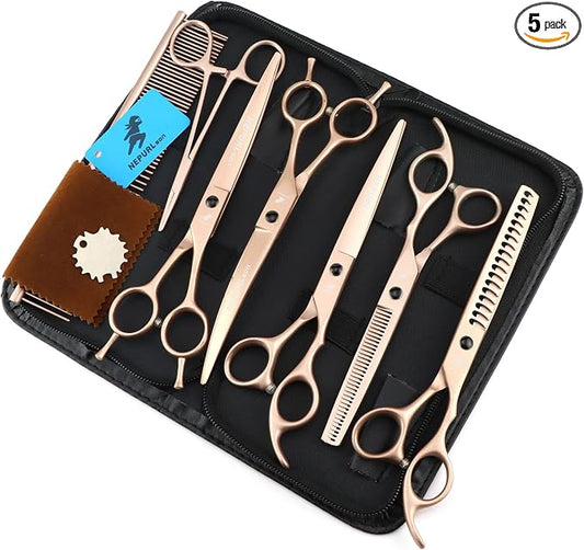 7.0-Inch Dog Grooming Scissors Set Pet Grooming Kit Fishbone Teeth Thinning Shears with Forceps Hairdressing Hair Styling Tool 5 Piece (Champagne)