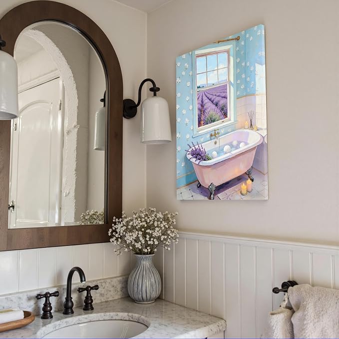 Lavender Field Bathroom Wall Art Serene Pink Clawfoot Tub Poster Floral Farmhouse Spa Oil Painting Print Aesthetic Wall Decor for Powder Room Apartment 16X24 in Wrapped Framed