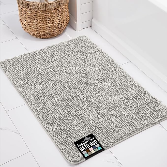 KANGAROO Bathroom Rugs, Chenille Soft Absorbent Bath Rug, Shaggy Shower Mat, Quick Dry Machine Wash Bathmat, Plush Carpet Mats for Tub, Bathtub and Room Home Decor Accessories, 24x17, Light Grey