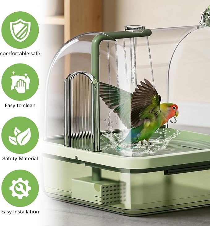 Parrot Bathtub, Bird Bath, Automatic Parrot Shower Bath with Pump, Birds Shower Bathtub with Running Water, Large-Capacity Water Tank for Pet Birds, Cockatiel, Conure, Budgie, Lovebird (Green)