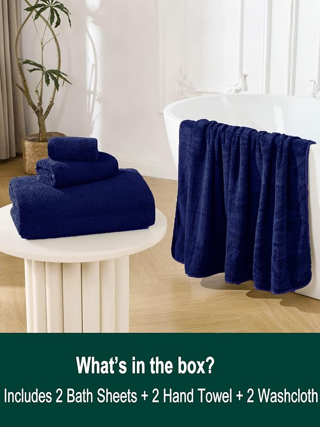 Extra Large Bath Sheets Set 6-Piece, 2 Bath Towels 40x80 Inches, 2 Hand Towels, 2 Washcloths, Soft Absorbent Quick Dry Microfiber Towels for Bathroom Beach Pool Gym Spa,Navy Blue