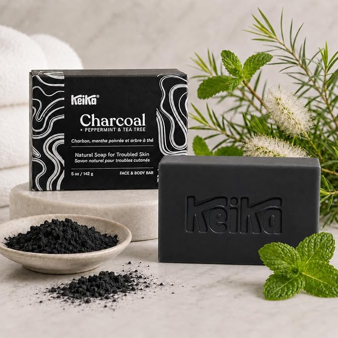 Keika Charcoal Black Soap Bar for Eczema, Psoriasis, Face, Body, Men Women Teens with Oily Skin, 5 oz. (Charcoal, 6-Pack)