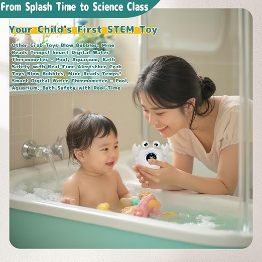Baby Bathtub Thermometer with LED Display Screen+Grey Crab toy-2-in-1 | Color Coded Alarm (Cold/Comfortable/hot) Bath Temperature Monitor, Adorable Floating Toys for Infants, Essential for Babies