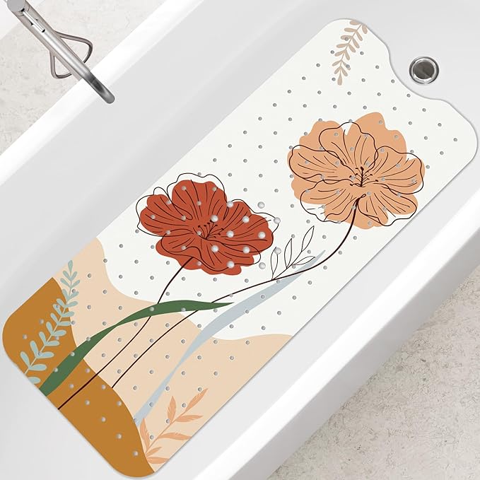 SHUCHING Bath Mat for Tub Non Slip-40x16 Inch, Boho Flower | Bathtub Mat for Women Mold Free, Long Shower Mat for Inside Shower with Suction Cup, Machine Washable