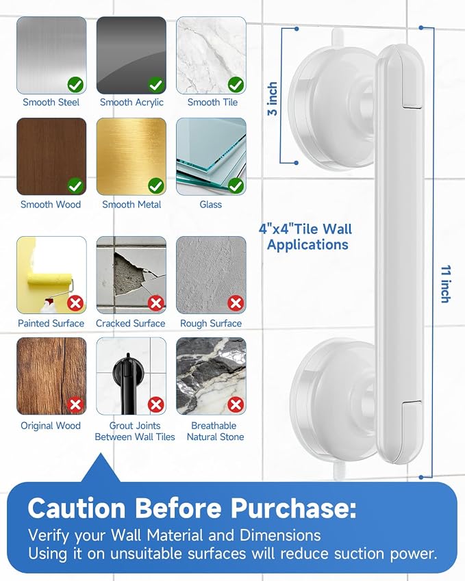 Suction Shower Handle, 2 Pack Grab Bars for Shower and Bathroom, Removable Safety Grip No Drilling & Waterproof, Heavy Duty Suction Cup Bath Handrails Grab Bars for Bathtubs, 11 inch - White