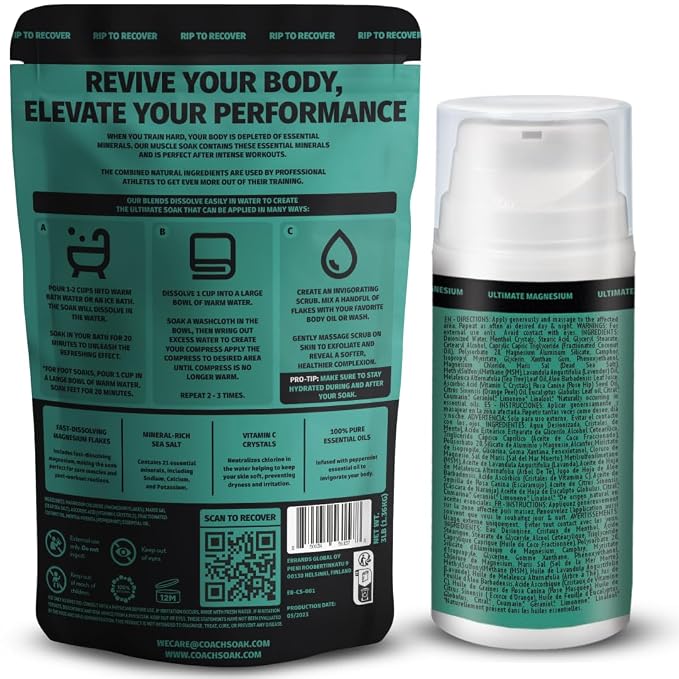 Coach Soak Recovery Bath Soak & Magnesium Cream - Bath Salt Eucalyptus (3 lb) & Magnesium Lotion Peppermint (3.4 oz) - Natural Recovery Cream & Fast-Absorbing Pure Flakes for Relaxing Muscle Support