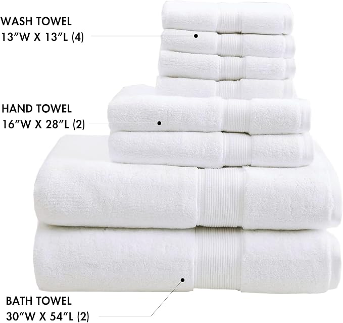 Madison Park 800GSM Bathroom Towel Set of 8 100% Cotton Bath Towel Set for Bathroom Luxurious Highly Absorbent 2 Bath Towels 2 Hand Towels 4 Washcloths Quick Dry Spa Quality White