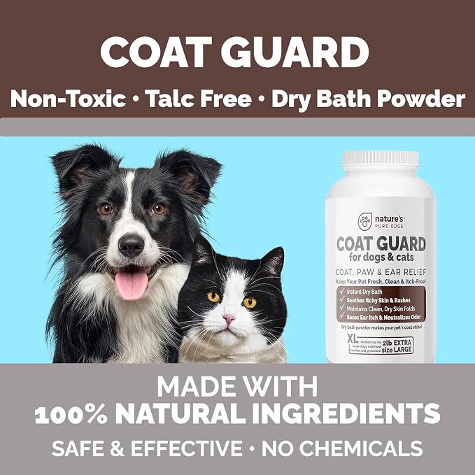 Coat Guard Dry Shampoo for Dogs and Cats - Extra Large 2 lbs Jar, Dog Dry Shampoo Powder, Waterless Dog Shampoo, Anti Itch Relief, Cedar Scented, Anti Dandruff, Hot Spots, Nature's Pure Edge