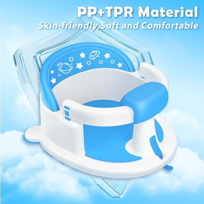 Baby Bath Seat 6M+, Non-Slip Cushion, CPSC Certified, 5-Pc Set, Blue | BPA-free PP+TPR, easy-release handle, ergonomic backrest, lightweight & portable, available in blue