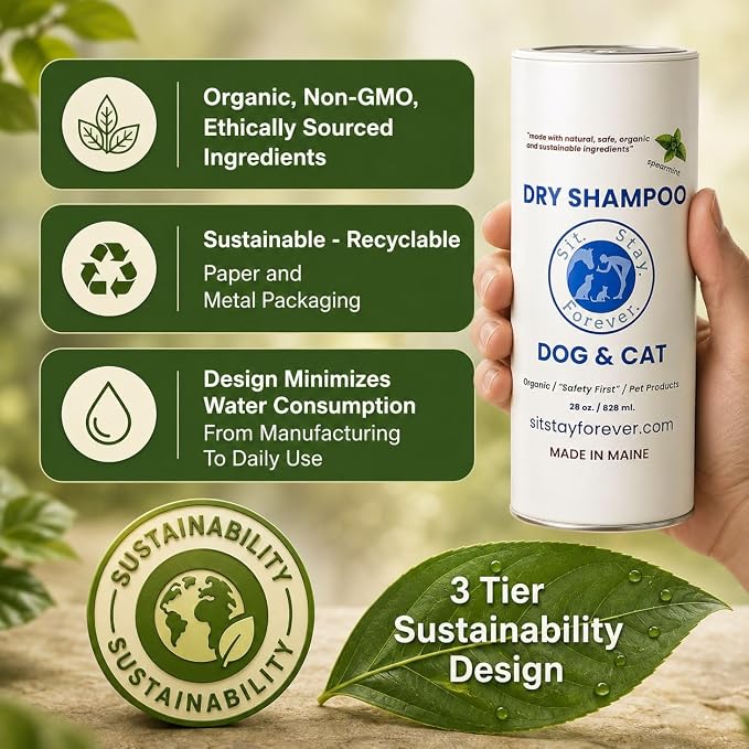 Sit Stay Forever Dry Shampoo for Dogs & Cats – Organic Dry Powder, Waterless No-Rinse, Lick-Safe, Talc-Free, Talco para Perros, Hypoallergenic Odor & Itch Relief, Safe for Puppies & Kittens, USA 28 oz