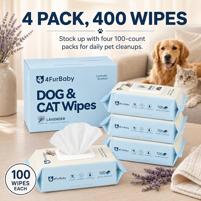 8" x 8" Dog Wipes for Paws and Butt, Lavender, 400 Count | Hypoallergenic and hydrating pet grooming wipes for dogs, cats, and daily care.