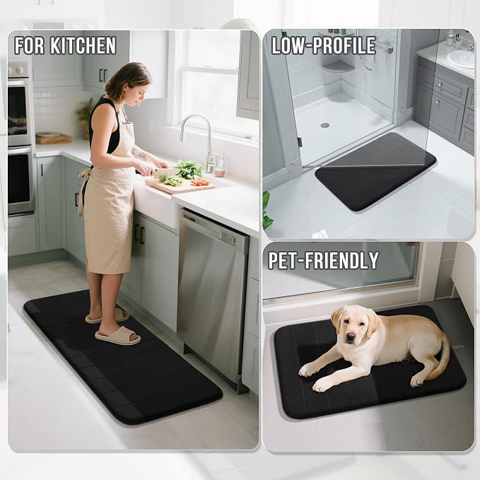 Yimobra Memory Foam Bath Mat, Soft Absorbent Bathroom Rug, 24x17, Black | Non Slip Backing, Quick Dry, Machine Washable Bath Rug for Tub & Shower Areas, Durable Design That Complements Bathroom Decor