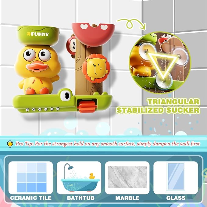 Bath Toys for Toddlers 1-3 with 3 Strong Suction Cups, Interactive Squirting Duck & Spinning Lion Water Toys for Bathtub Fun, Ideal Christmas Shower Gift for Boys & Girls 18M+