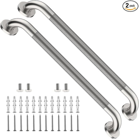 2 Pack 24 Inch Shower Grab Bar, ZUEXT Brushed Nickel Stainless Steel Bathroom Safety Handle w/Knurled Grip, Heavy Duty Wall Mounted Bathtub Toilet Support Rail for Seniors Disabled (1.25" Diameter)