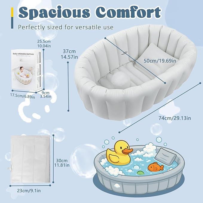 Inflatable Baby Bathtub, Collapsible Baby Bath Back Support, Portable Newborn Travel Bath tub with Drain Hole, Foldable Baby Bath Tubs for Infant to Toddler 0-24 Months (Grey)