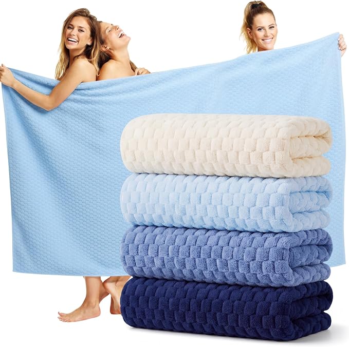 Peryiter 4 Pcs Oversized Bath Towels 40 x 80 Inch Extra Large Bath Sheets for Adults Microfiber Coral Velvet Highly Absorbent Bathroom Towels for Adults Home Beach (Beige,Light Blue,Hazy Blue,Blues)