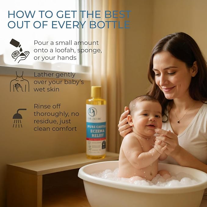 Dr. Jacobs Pure Castile Baby Wash - Effective Body Wash to Relieve Baby Eczema - Gentle Shampoo and Unscented Soap for Sensitive Skin, and Hypoallergenic - 16 oz