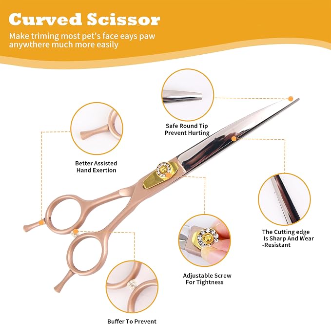 7 Inch Professional Dog Grooming Scissors Kit, 6-in-1 Grooming Scissors for Dogs, Pet Grooming Shears Set, Straight Scissor & Thinning Shear & Curved Scissor & Chunker Shear (Rose Gold)