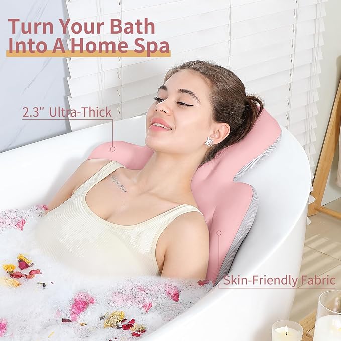 Luxury Bath Cushion, Full Body Bathtub Pillow with 160 Suction Cups, Bath Mat for Head and Neck Support, with Laundry Bag (Light Pink, 51" x 16")