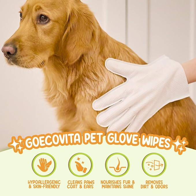 GoEcoVita Pet Deodorizing Glove Wipes for Dogs & Cats | Nourish & Clean Fur & Skin | Coconut Oil & Chamomile Rinse-Free Wipes | Bathing Glove Wipes for Daily Care | Natural, Hypoallergenic (8 Pack)