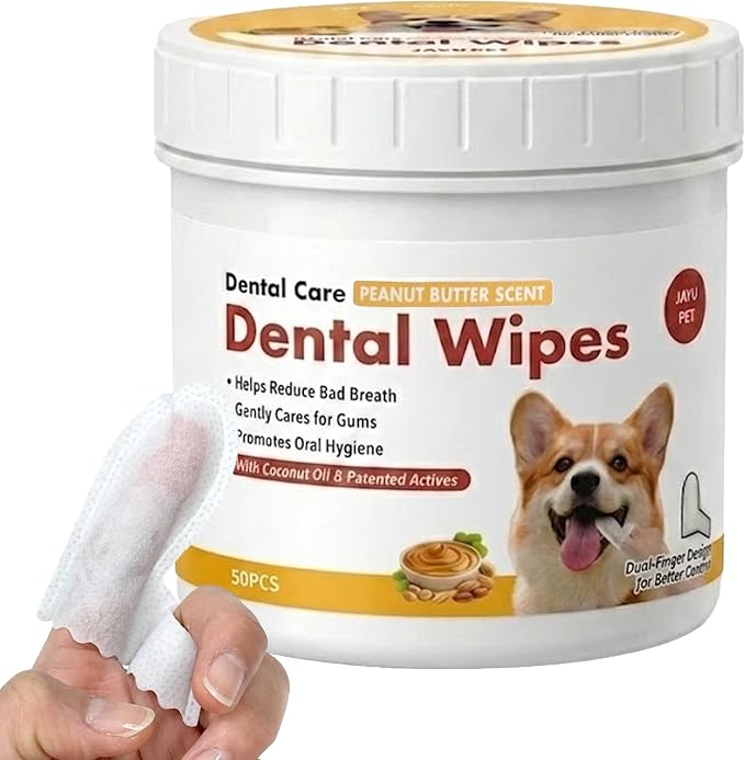 JAYU PET Peanut Butter Scent Dental Finger Wipes for Dogs 50 Count | No-Rinse, Dual-Finger, Oral Care, Teeth Cleaning