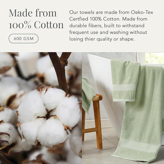 NY Loft 100% Cotton 4-Pack Bath Towel Set | Sage | Oeko-TEX | Quick-Dry | Four 30" x 52" Bath Towels | Super Absorbent | Designer-Styled Texture