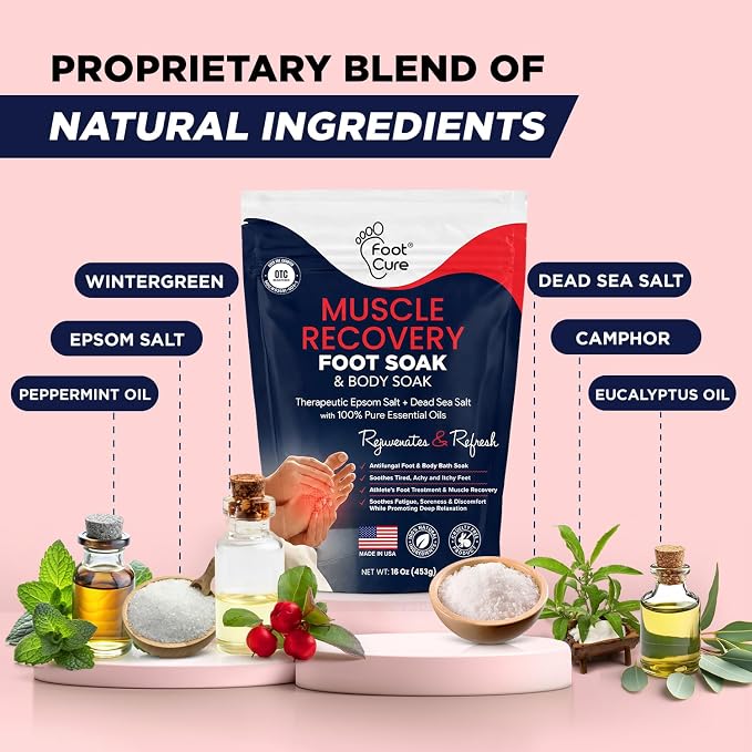 FOOT CURE Tea Tree Oil & Muscle Foot Soak with Epsom Salts - All-Natural Salts for Post-Workout Recovery - Softens Calluses, Soothes Sore & Tired Feet, Foot Odor Control, Spa Pedicure (Pack of 2)