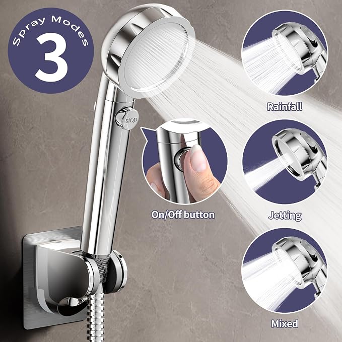HOWUWEY Sink Hose Attachment for Faucet with 5 Adapters, Tub Faucet Sprayer Attachment, 3 Spray Modes Shower Head with ON/OFF Button, Filtered Shower Sprayer (Chrome)