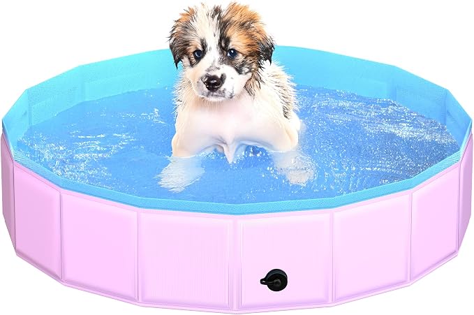 CACSPS 2025 Updated Foldable Dog Pool, 32" x 8" Kiddie Pool with Hard Plastic, Non-Slip Dog Bath Tub for Outdoor Backyard, Collapsible Dog Swimming Pool for Kids Dogs Pets (Pink)