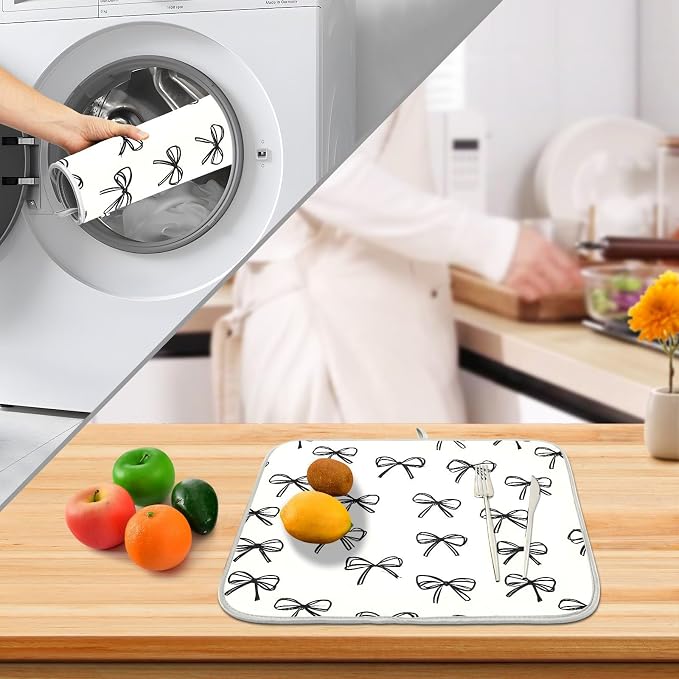 Black Bow Pattern Dish Drying Mat, Absorbent Drainer Mats for Kitchen Counter Coffee Maker 24"x18"