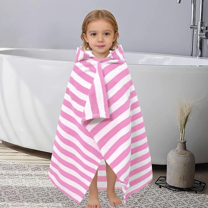 VOOVA & MOVAS Toddler Hooded Bath Towels 0-3T, 25''X40, Soft | Thick | 100% Cotton | Absorbent Towel Wrap for Baby, Perfect for Beach, Pool, Bath, Swimming,Pink Stripe