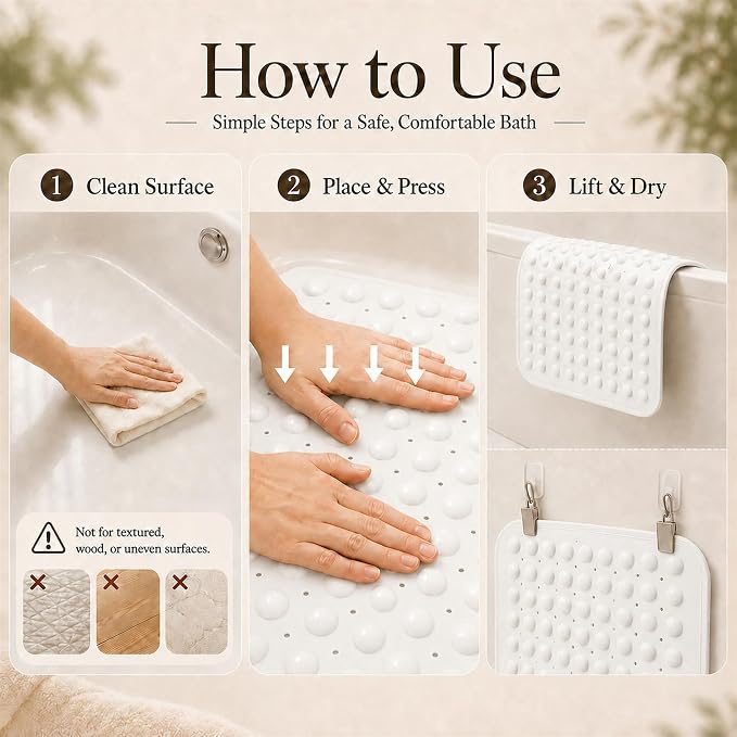 Bathtub Mat Non Slip, Odor-Free TPE with Suction Cups, White, 40" × 16" | Soft shower bath mat with quick-drain holes and machine-washable care for clean, smooth tub surfaces; light and easy to lift.