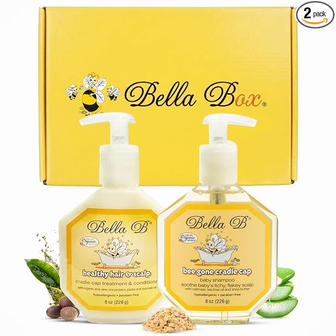 BELLA B GIFT SET Organic Cradle Cap Shampoo & Conditioner Treatment for Babies 8oz, Natural Ingredient Baby Shampoo with Complete Care Set for Baby Cradle Cap | Baby Hair Conditioner for Toddler