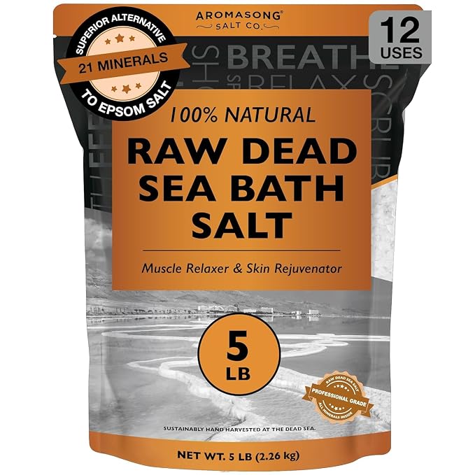 Aromasong RAW Natural Dead Sea Salt (5 LB.) with RAW Dead Sea Salt Infused with Natural Lavender Essential Oil (2.43 lb.) - Bath Soak for Women & Men with Tired Muscles & Skin Issues.