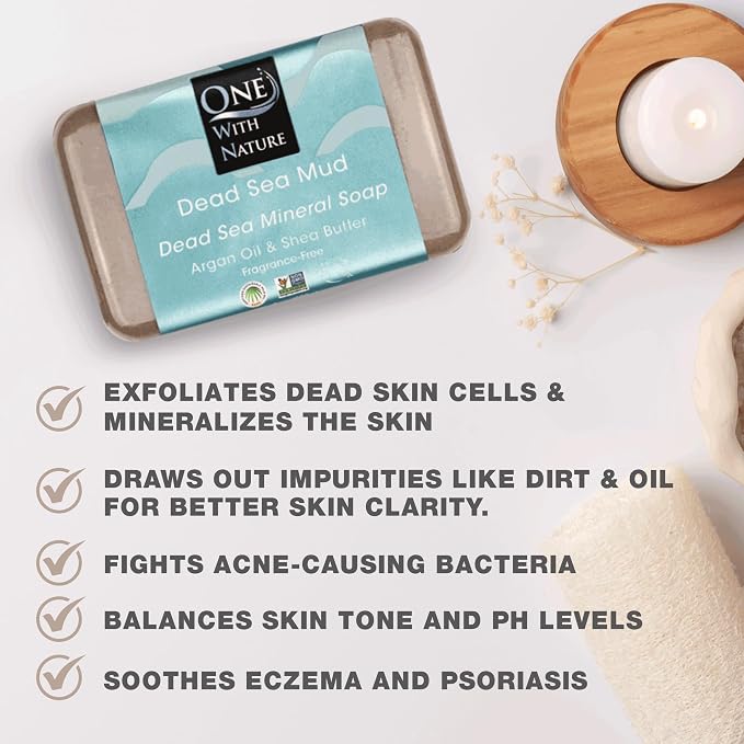 One With Nature Dead Sea Mud Soap 4oz 3-Pack – Purifying and Exfoliating Soap Bar with Dead Sea Salt Minerals for Face & Body, for Men & Women, Unscented