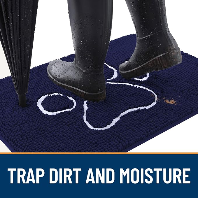 OLANLY Dog Door Mat for Muddy Paws 70x46, Paw Print Design, Absorbs Moisture and Dirt, Absorbent Non-Slip Washable Doormat, Quick Dry Chenille Mud Mat for Dogs, Entry Indoor Entryway Carpet, Navy Blue