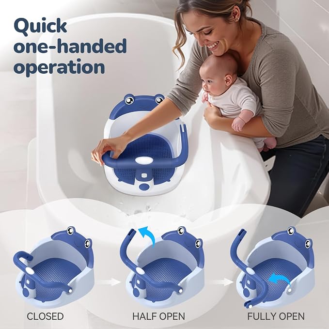 Baby Bath Seat for Babies 6 Months & Up - One-Handed Snap-On Armrest Baby Bath Chair | 4 Suction Cup Non-Slip Baby Bathtub Seat with Storage Bag | Ergonomic Infant Bath Seats for Baby Sitting Up Blue