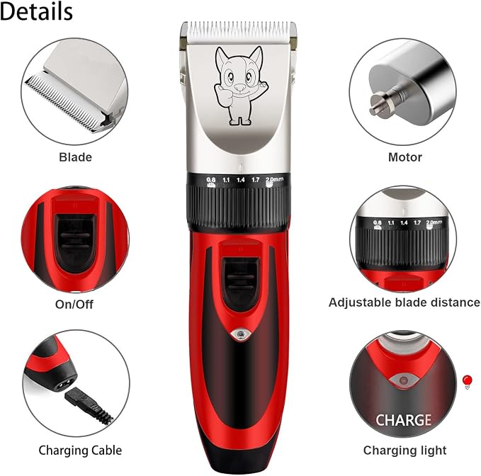 Highdas Dog Clippers for Grooming Low Noise, Cordless Electric Dog Grooming Kit Clippers Rechargeable, Quiet Dog Shaver, Pet Hair Trimmer Kit for Dogs & Cats (Red)