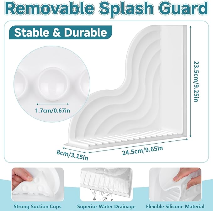 Dreamtop No-Adhesive Silicone Shower Splash Guard - 2 Packs Reusable Shower Corner Water Guard with Strong Suction Cups, Shower Water Blocker for Bathtub Bathroom to Keep Water in Shower (White)
