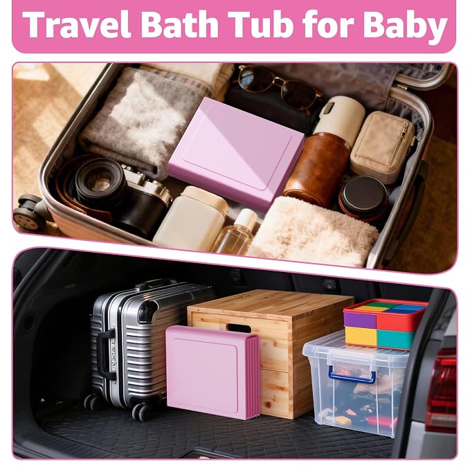 Collapsible Baby Bathtub, Toddler Bathtub with a Drain Plug, Folded for Storage Without Assembly, Suitable for Newborns to Toddlers, Portable Bathtub for Outdoor Travel, Pink