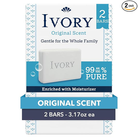 Ivory Gentle Bar Soap, Designed for Whole Family, 99.44% Pure Formula, Plant-Based Cleanser, Made Without Heavy Perfumes, Parabens & Phthalates, For All Skin Types, Original Scent, 3.17 oz (2 Count)
