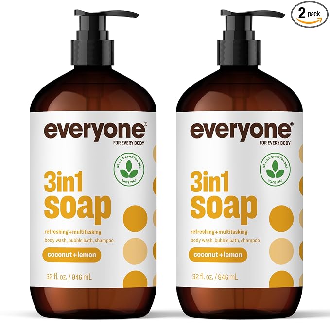 Everyone 3-in-1 Soap, Body Wash, Bubble Bath, Shampoo, 32 Ounce (Pack of 2), Coconut and Lemon, made with Essential Oils for Men and Women