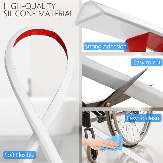 Shower Threshold Water Dam Guard - Self-Adhesive Silicone Waterproof Barrier, Water Stopper Shower Door Bottom Seal Strip Shower Splash Guard for Bathroom Kitchen Bathtub (79in, White)