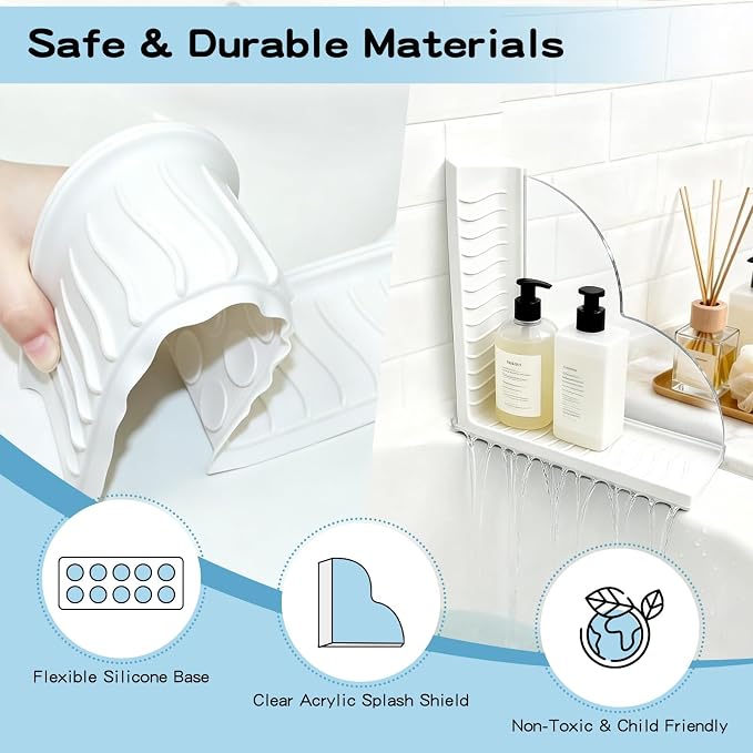 Bathtub Shower Splash Guard with Storage, Silicone Water Blocker | Dual suction cups no-drill install, Acrylic silicone water blocker for tub, shower & sink, Organizes bath essentials
