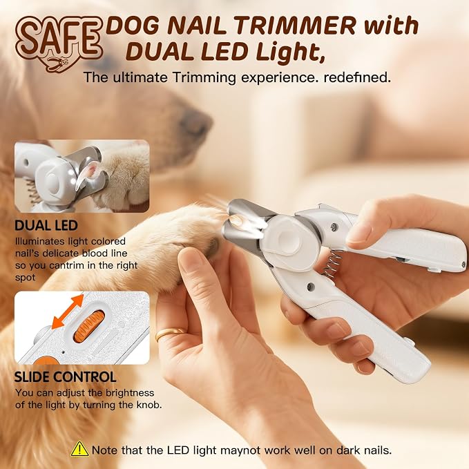 Dog Nail Clippers & Cat Nail Clipper, Pet Nail Trimmer with 2 LED Lights,Safety Side Lock, Nail File and Anti-Slip Handles, Dog Nail Grinder Quiet for Large and Medium Dogs & Cats