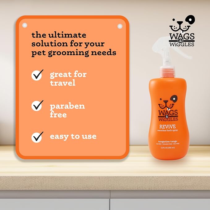 Wags & Wiggles Revive Waterless Bath Spray for Dogs, Tangerine Tango Scent, Dog Waterless Shampoo and Deodorizer for Smelly Dogs, pH Balanced, Paraben Free, 12 Fl Oz