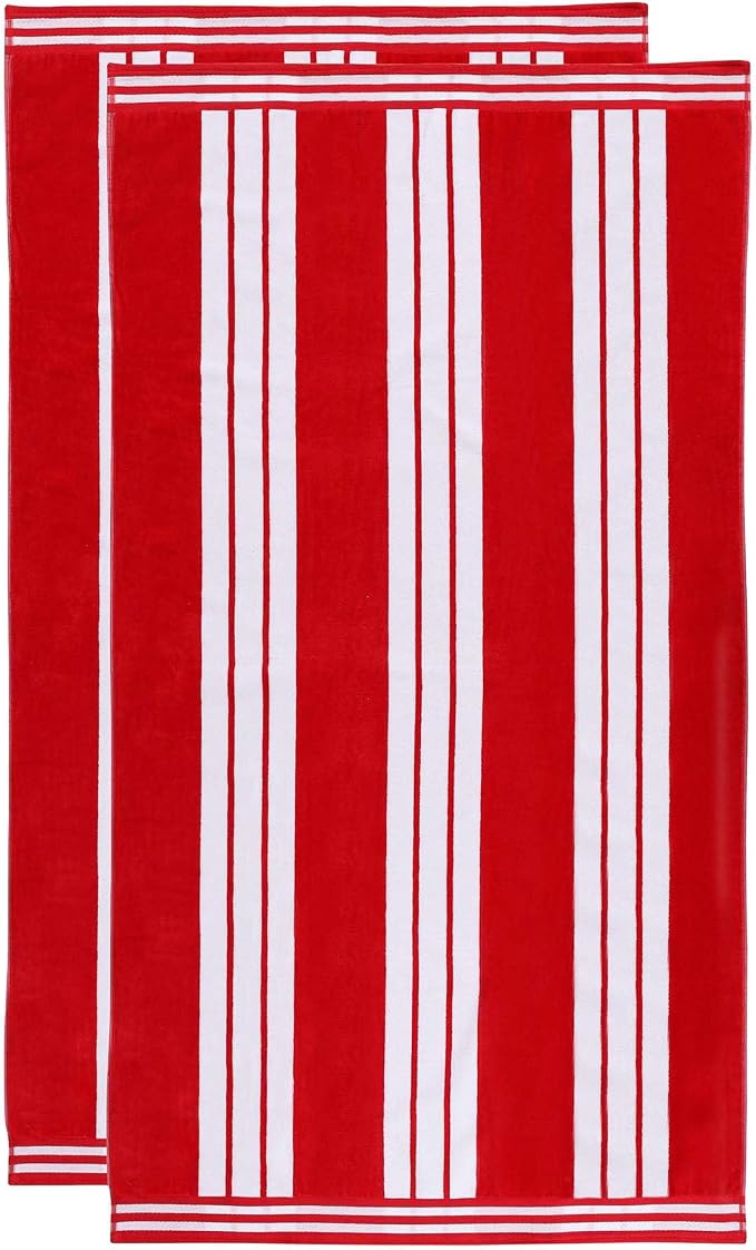 Superior Oversized Cotton Beach Towel Set of 2, Absorbent Towels for Bathroom, Pool, Swim, Adults, Kids, Vacation, Travel, Bath Sheet, Quick Dry Basics, Trip Essentials, Striped Decor, Red
