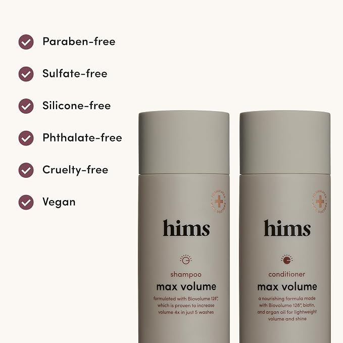 hims Max Volume Shampoo & Conditioner Set - Biovolume 128, Biotin, & Argan Oil - Root Lift & Moisturizing for Fine Hair - Sulfate-Free, Paraben-Free, Vegan - Citrus Spice Scent - 6.4 Fl Oz Each