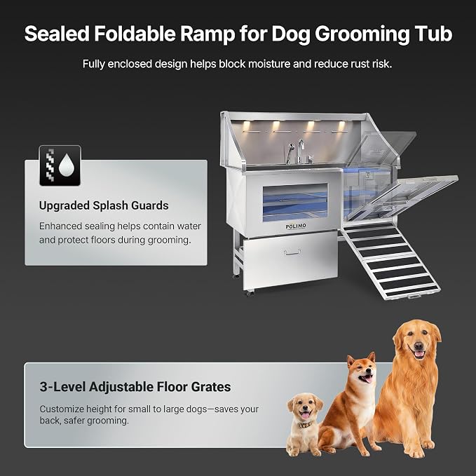 POLIMO Dog Washing Station with LED Display 61" (Right Ramp), 304 Stainless Steel Dog Bathtub for Large, Medium & Small Dogs, Professional Grooming Tub with Faucet, Storage Drawer, Floor Grate, Window