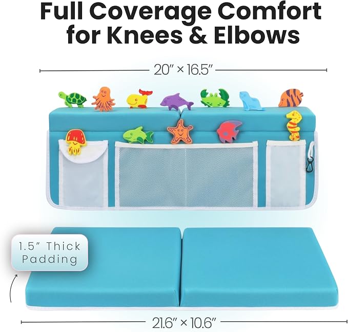 Supa Ant Bath Kneeler –8 Suction Cups & 1.5" Padding.Certified Non Toxic Bath Kneeling Pad for Bath Tub & 5 Bath Organizer. Fast Dry Baby Bath Kneeler and Elbow Rest Pad Set Blue